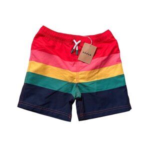 NWT 7-8Y Mini Boden Rainbow Striped Swim Shorts Trunks